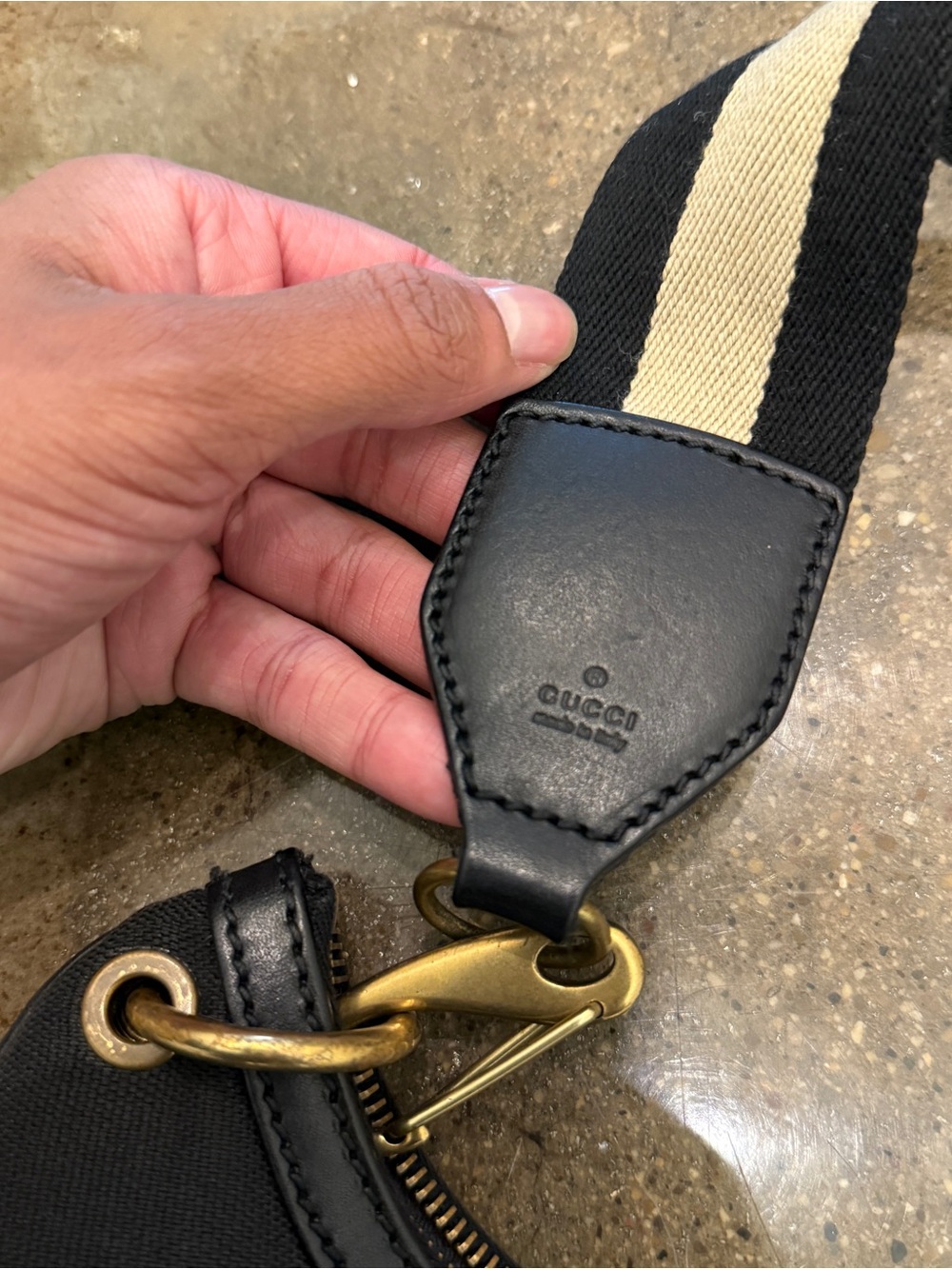 Gucci Black Canvas Crescent Shoulder Bag with Striped Strap - Picture 3 of 8